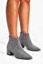 Poca Women's Suede Gray Pointed Toe Low Block Heel Side Zipper Short Boots 4 cm Heel - 5