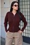 Ribbed Knitwear High Collar Zippered Cardigan — Brown