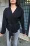 Crepe Fabric Double-Breasted Belted Kimono Blouse — Black - 6