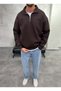 Collared Half-Zipper Hooded Brown Sweatshirt - 3