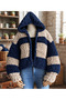 Women's Hand Knitted Puffy Yarn Retro 80's Hooded Navy Blue Stone Color Cardigan Oversize Knitted Coat - 3