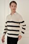 Slim Fit Striped Zippered Polo Neck Beige Knitwear Sweater Tr 877 - 3