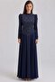 Stone Embellished Tulle Chiffon Combination Exclusive Hijab Evening Dress Dark Blue 1113-Y - 5