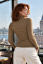 Women's Khaki Turtleneck Sleeve Stripe Soft Textured Blouse Arm-26K001043 - 2