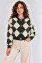 Women's Green-Cream Diamond Patterned Buttoned Knitwear Cardigan - 3