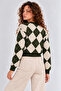 Women's Green-Cream Diamond Patterned Buttoned Knitwear Cardigan - 4