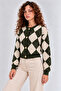 Women's Green-Cream Diamond Patterned Buttoned Knitwear Cardigan - 2
