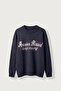 Men's Oversize Soft Textured Lettered Knitwear Sweater Navy Blue