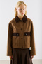 Velvet Collar Pocketed Short Jacket Khaki - 5