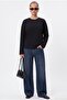 Women's Boxy 100% Cotton Textured Decorative Collar Interlock Long Sleeve Black T-Shirt - 3