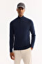 Men's Navy Blue Stand Collar Zippered Soft Touch Striped Knitwear Regular Fit Sweater A52Y5151 - 5