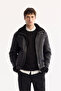 Men's Black Fur Collar Leather Look Napa Comfort Fit Coat A52Y6060