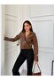 Light Brown Slim Fit Women's Jacket with Sleeve Zipper Detail - 3