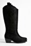 Embroidered Zipper Detailed Western Long Women's Cowboy Boots Black - 2