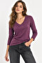 Purple Viscose Blended Stretchy Textured V-Neck Long Sleeve Comfortable Fit Knitted T-Shirt - 2