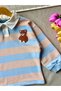Girl's Teddy Bear Embroidered Blue Beige Striped Polo Collar Sweatshirt - 3