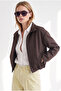 Women's Brown Zippered Lined Bomber Jacket with Hidden Pockets Ckt-19000539 - 5