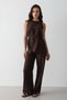 Women's Brown Linen Crew Neck Vest Belted Trousers Suit - 3