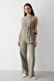 Women's Khaki Linen Crew Neck Vest Belted Pants Bottom & Top Set - 3