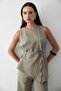 Women's Khaki Linen Crew Neck Vest Belted Pants Bottom & Top Set - 2