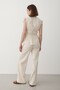 Women's Beige Shoulder Waist Gathered Blouse & Elastic Waist Pants Linen Set - 7