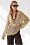 Women's Gold Openwork Wide Collar Metallic Knitwear Blouse Blz-19003449 - 5