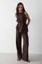 Women's Brown Linen Crew Neck Vest Belted Trousers Suit - 5