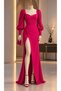 Balloon Sleeve Slit Detail Crepe Stretch Fabric Long Evening Dress Fuchia 581913 - 3