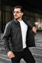 Men's Black Faux Leather Seasonal Jacket Coat – Shirt Collar Regular Fit - 3