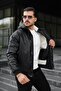 Men's Premium Black Hooded Plush Lined Faux Leather Zippered Ribbed Bomber Coat - 2