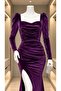 Square Neck Slit Velvet Evening Dress 582318 Purple - 3