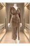 Flexible Velvet Fabric Drawstring Detailed Double Breasted Collar Evening Dress 582022 Vi̇zon - 2