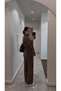 Women's Brown Jacquard Textured Innerwear Fleece-Lined D Mock Neck Double Set - 4