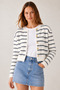 Women's Off-White Crew Neck Gold Button Brushed Striped Cardigan Jacket