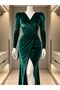 Double-Breasted Collar Slit Maxi Long Length Shoulder Padding Long Sleeve Velvet Evening Dress 581934 Emerald - 3