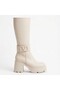 Moki premium beige v buckle detailed thick heeled zippered boot - 2