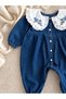 Jena Jean Premium Vintage Collar Embroidered Lace Piece Baby Girl Denim Jumpsuit - 6