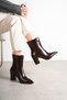 Women's Patent Leather Brown Pointed Toe Thick Heeled Zippered Stylish Daily Boots - 6