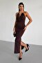 Metal Accessory Detailed Open Back Slit Maxi Length Women's Evening Dress - 5