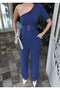Tencel Fabric Single Shoulder Belted Suit - Navy Blue - 4