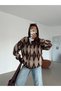 Crew Neck Argyle Patterned Cardigan - Brown