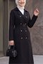 Double Button Belted Trench Coat - Black