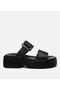 Women's Leather Black Belted Heeled Slippers
