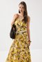 Wicker Belted Patterned Long Linen Skirt - Yellow - 4