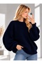 Navy Blue Crew Neck Oversize Women's Knitwear Sweater - 2