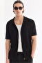 Men's Black Apaj Collar Front Buttoned Soft Touch Short Sleeve Regular Fit Knitwear T-Shirt A61Y5048 - 6