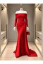 Crepe Stretch Fabric Degaje Collar Tail Detail Evening Dress 582652 Red - 3