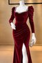 Flexible Velvet Fabric Sleeve Pleated Front Stone Detailed Slit Evening Dress 582322 Bordo - 2