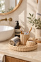 Rattan Bamboo Toothbrush Holder Set - Round Organizer Basket Tray - Cotton Holder 3-Piece Bathroom Set - 3