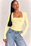 Square Neck Gathered Yellow Long Sleeve Blouse - 2